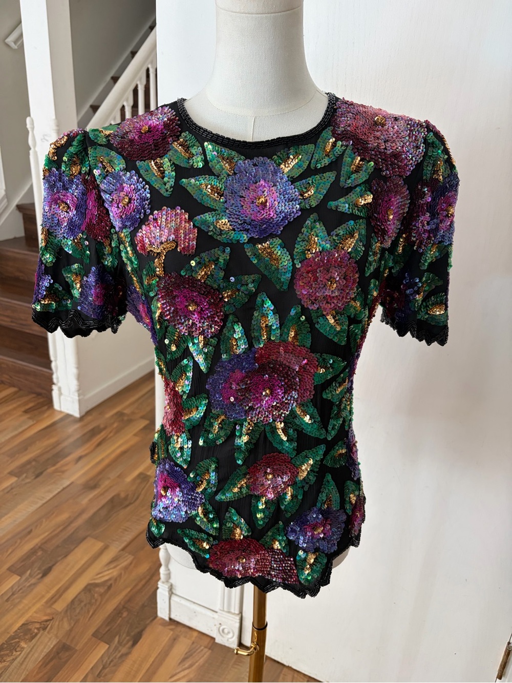 Laurence Kazar Black Silk Vintage Shirt, Floral Sequin All Over & Beading, Large